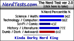 NerdTests.com says I'm a Kinda Dorky Nerd King.  What are you?  Click here!