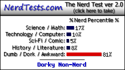 NerdTests.com says I'm a Dorky Non-Nerd.  Click here to take the Nerd Test, get nerdy images and jokes, and write on the nerd forum!